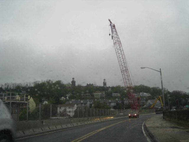 The twin lights of Navesink as seen from the road on a rainy day. Picture