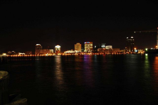 The Norfolk skyline as seen at night from Portsmouth. Picture