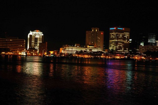 The Norfolk skyline as seen at night from Portsmouth. Picture