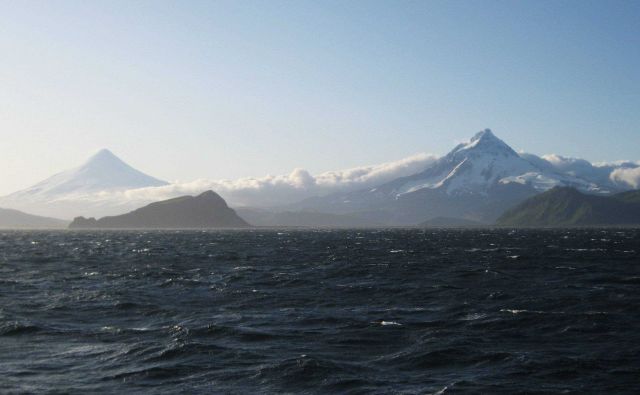 Shishaldin (left) and Isanotski volcanoes on Unimak Island. Picture