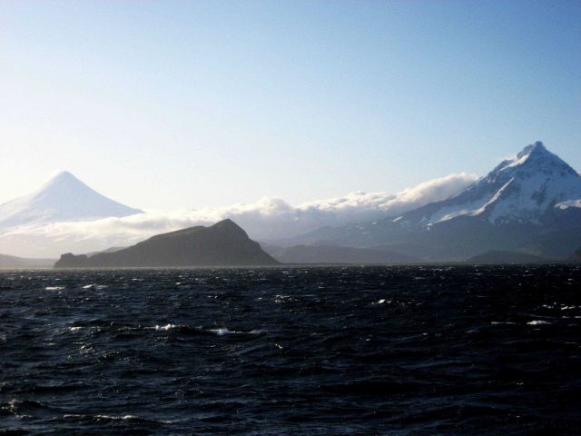 Shishaldin (left) and Isanotski volcanoes on Unimak Island. Picture