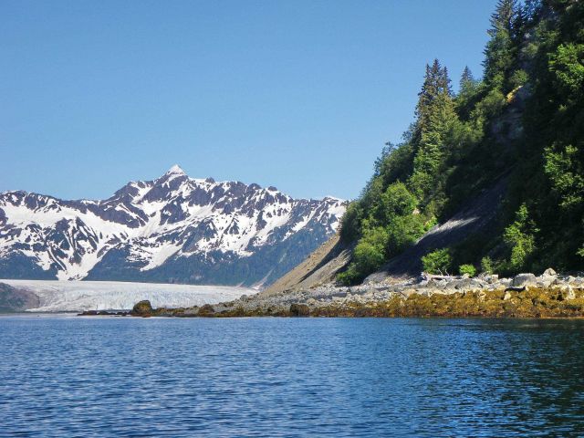 Rocky shoreline, a glacier coming to the sea, and high mountain peaks Picture