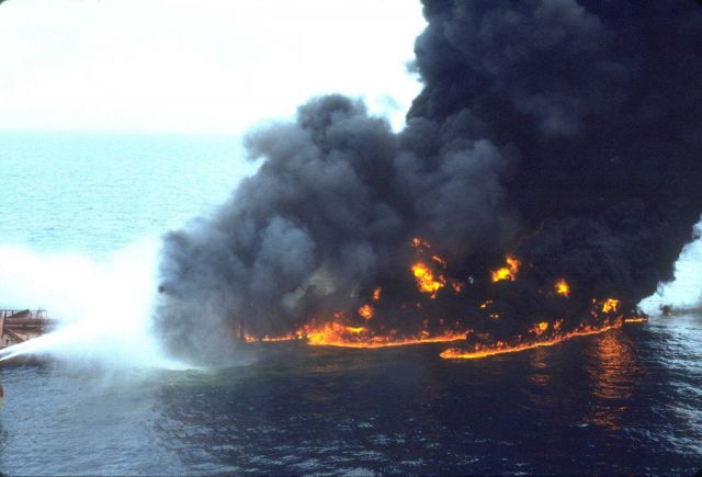 The tanker Megaborg oil spill occurred as the result of an accident during lightering operations with a subsequent fire Picture