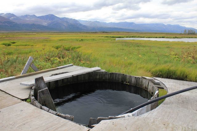 Looking south in the Imuruk Basin towards the Kigluiak Mountains from the hot tub at Pilgrim Hot Springs. Picture
