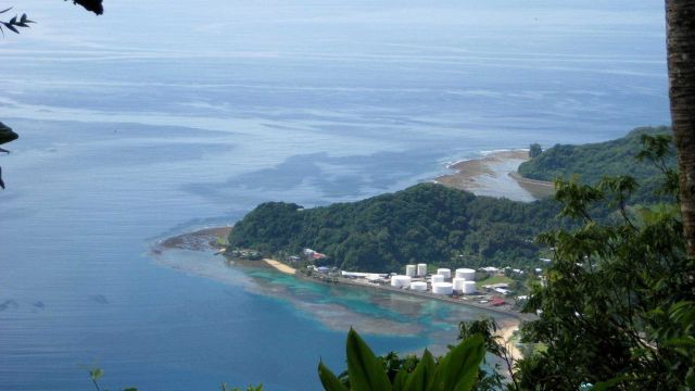 The fuel tanks at the entrance to Pago Pago Harbor. Picture
