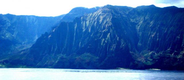 A view from offshore of the Na Pali coast, along the northwest shore of Kauai. Picture