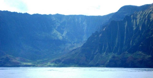 A view from offshore of the Na Pali coast, along the northwest shore of Kauai. Picture