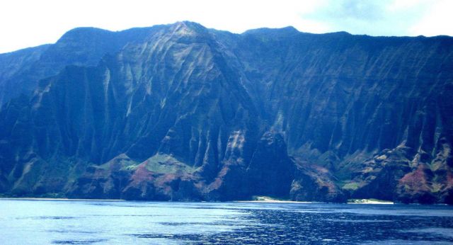 A view from offshore of the Na Pali coast, along the northwest shore of Kauai. Picture