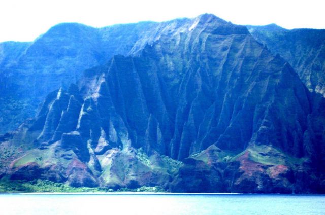 A view from offshore of the Na Pali coast, along the northwest shore of Kauai. Picture