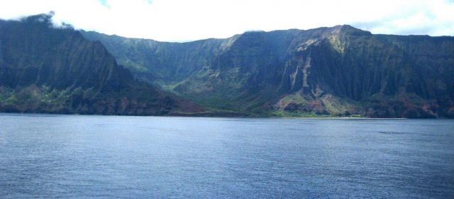 A view from offshore of the Na Pali coast, along the northwest shore of Kauai. Picture