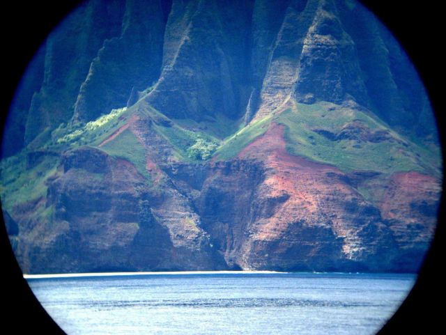 A telescopic view from offshore of the Na Pali coastline. Picture