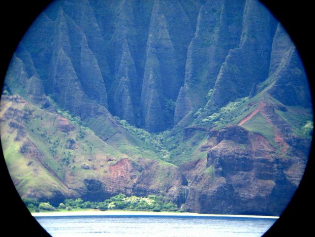 A telescopic view from offshore of the Na Pali coastline. Picture