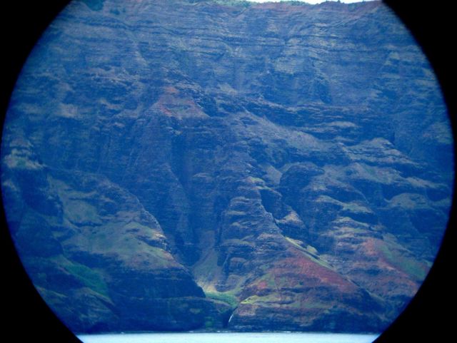 A telescopic view from offshore of the Na Pali coastline. Picture