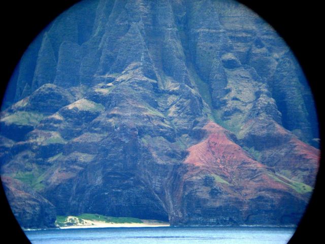 A telescopic view from offshore of the Na Pali coastline. Picture