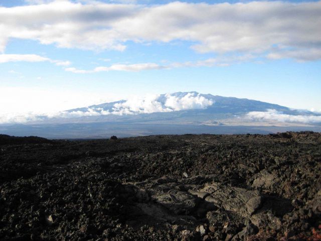 Looking across lava fields to Mauna Loa, the tallest mountain on earth from base to peak Picture