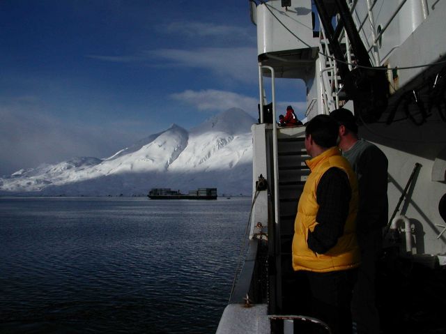 Coming into Dutch Harbor on the NOAA Ship MILLER FREEMAN in the winter. Picture