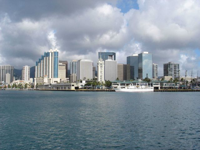 The San Diego skyline as seen from the NOAA Ship BELL SHIMADA approaching Broadway pier. Picture