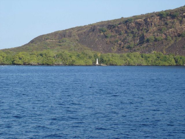 The Captain Cook monument at Kealakekua Bay, where he was struck down and killed. Picture