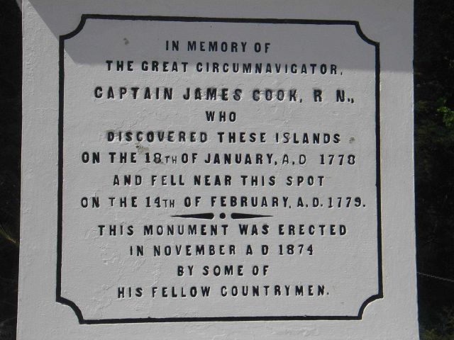 The Captain Cook monument at Kealakekua Bay, where he was struck down and killed. Picture