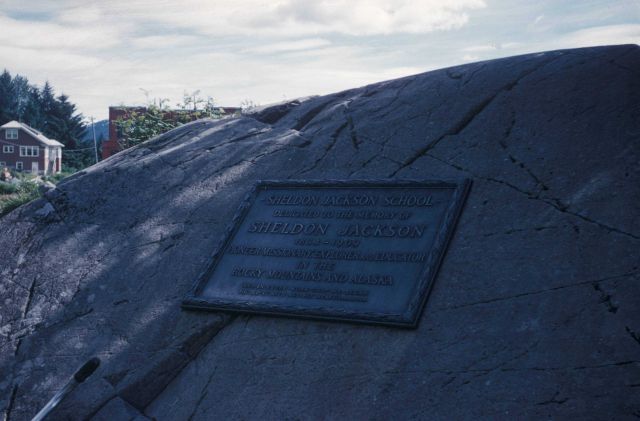 Sign commemorating the site of the Sheldon Jackson School, a pioneer missionary, explorer, and educator. Picture