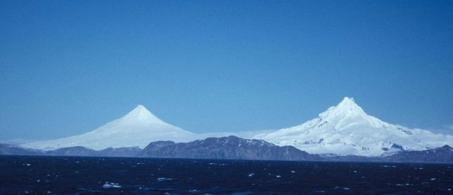 Magnificent view of Shishaldin and Isanotski volcanoes from offshore. Picture