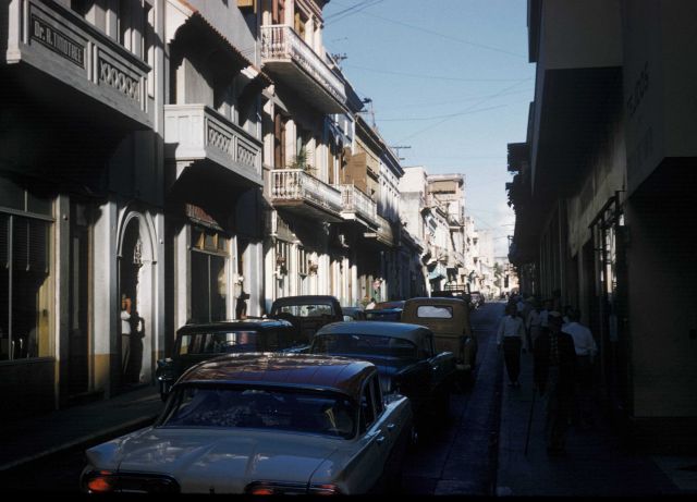 A narrow street in old San Juan with Spanish colonial architecture. Picture