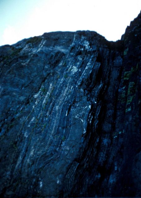 Upturned vertical strata along the Alaska coastline attesting to the violence of tectonic forces in the region. Picture