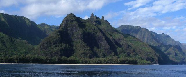 A view from the sea of the sculpted volcanic terrain of the Na Pali coast. Picture