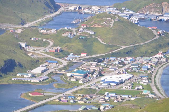Looking down into Dutch Harbor from the mountains of Unalaska Island. Picture