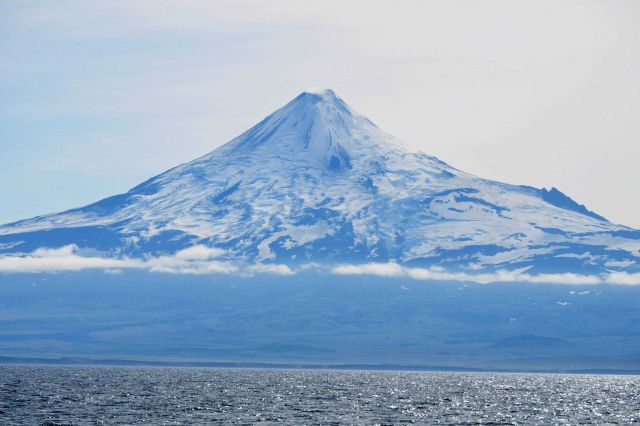 A telescopic view of Shishaldin Volcano from the Bering Sea. Picture