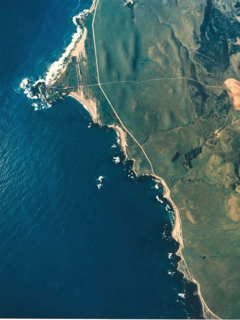 Aerial view of Point Piedras Blancas and the regional coastline extending from the southeast in the bottom to the north at top. Picture