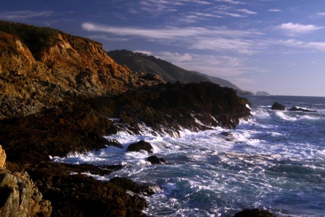 Rivulets of sea water running off the rocks of the Granite Canyon area after a large wave broke against the coast here Picture