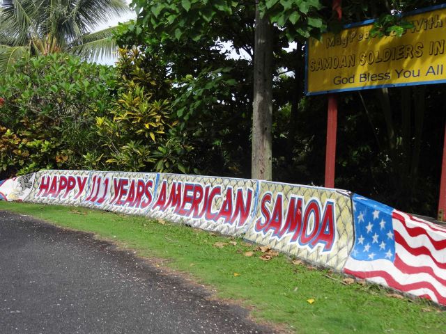 Sign celebrating 111 years of American jurisdiction of American Samoa. Picture