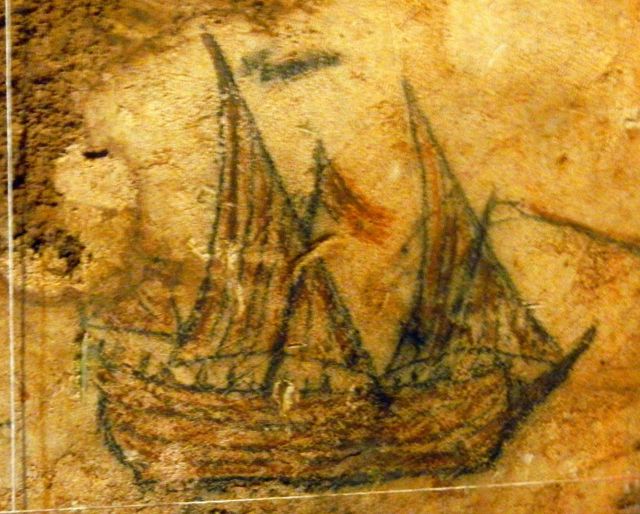 Spanish caravel drawn on wall of El Morro dungeon. Picture