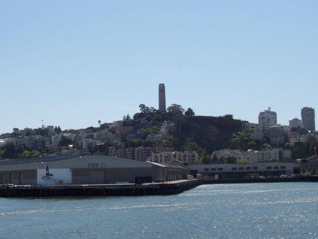 Coit Tower on Telegraph Hill seen from off Pier 17. Picture