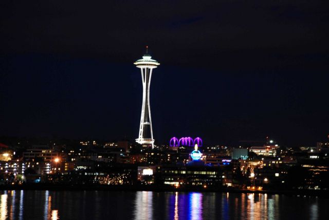 The Space Needle at night from Elliott Bay. Picture