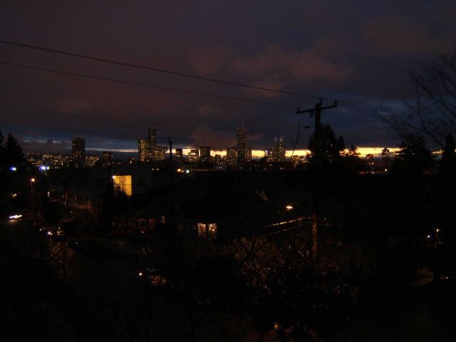 A view of a Seattle neighborhood at night. Picture