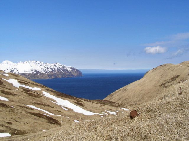 A view of a white-capped ocean from above Dutch Harbor. Picture