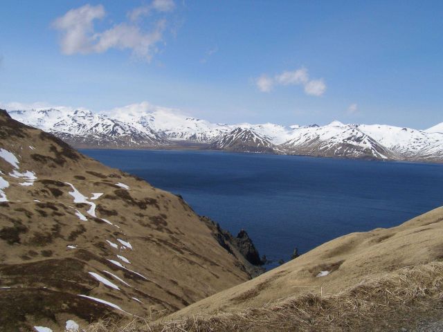 A view of an arm of the ocean from above Dutch Harbor. Picture