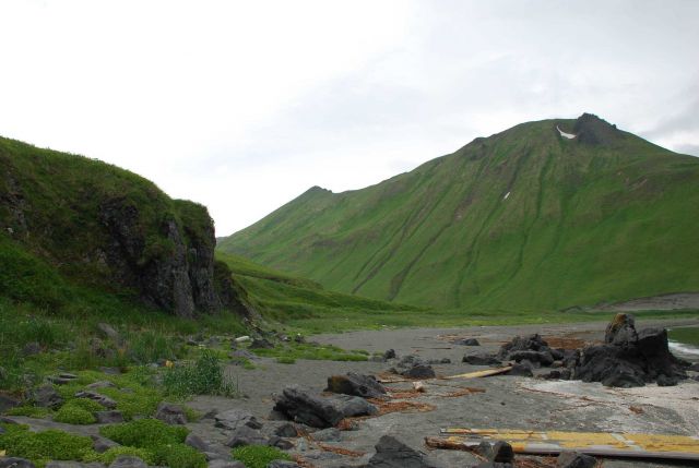 Rocks and flotsam adorn a Dutch Harbor beach. Picture