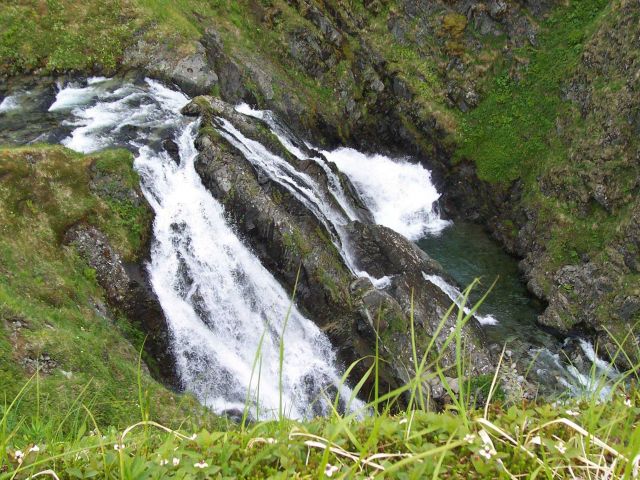 Exploring a Dutch Harbor or Kodiak Island mountain stream. Picture