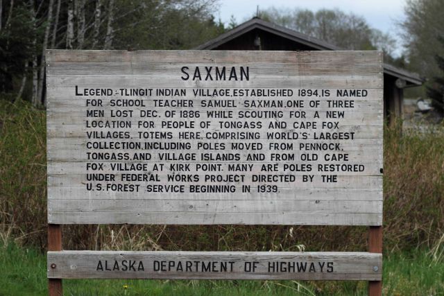 Historical marker sign explaining the significance of the village of Saxman in the Ketchikan area. Picture