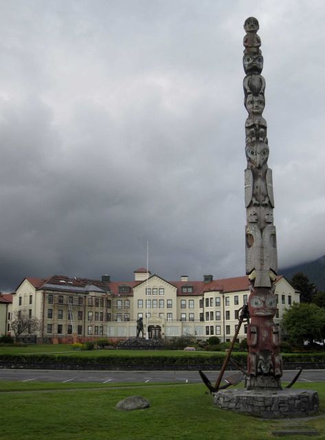 Totem pole outside Alaska Pioneeers Home at Sitka. Picture