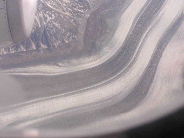 Looking down on a large glacier. Picture