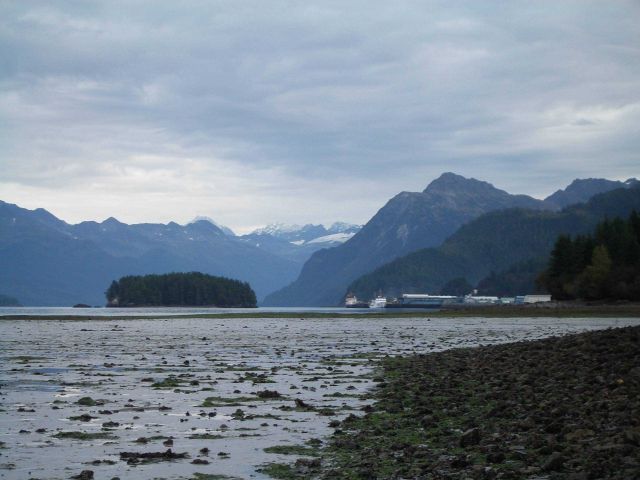 Looking over mudflats at low tide to Cordova and the NOAA Ship FAIRWEATHER. Picture