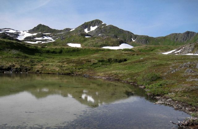An alpine lake in the mountains of Kodiak. Picture