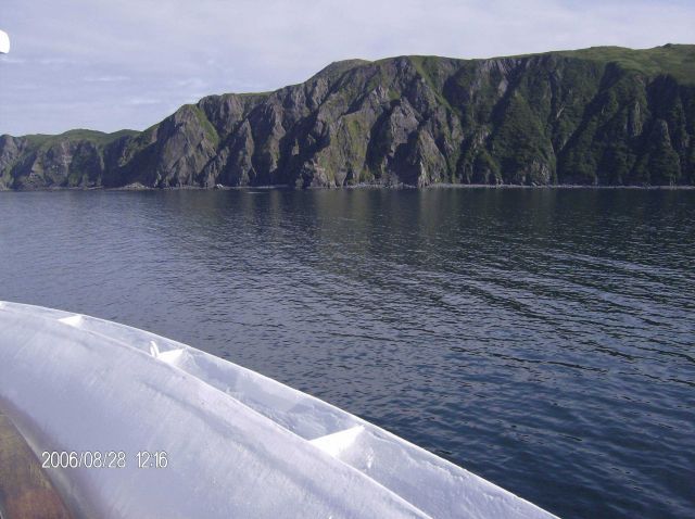 Rugged shoreline of a Shumagin Island seen from the NOAA Ship FAIRWEATHER. Picture