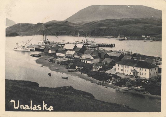 A view of the harbor at Unalaska, probably on the 4th of July with the ships dressed. Picture