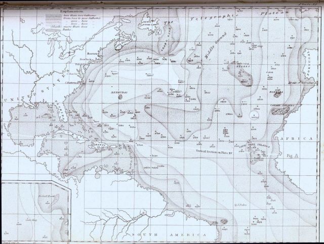 In 1858, Matthew Fontaine Maury modified his 1854 map to show the Telegraphic Plateau extending east-west across the Atlantic Ocean and an area of rel Picture