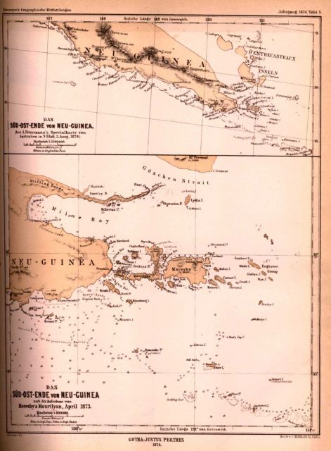 Map of the area southeast of New Guinea showing various reefs and islands in a sparsely surveyed area Picture